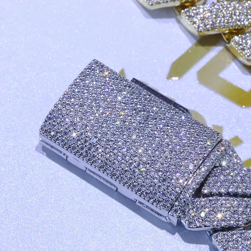 Hip Hop Jewelry White Gold Prong Miami Cuban Link Chain for Women 15mm 4 Rows Iced Out Diamond Prong Cuban Chain Bracelet