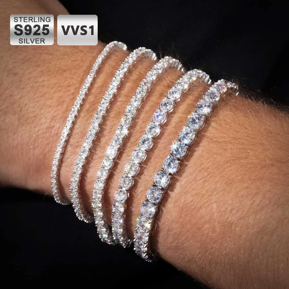 ESKEEM 925 Silver VVS Moissanite Tennis Bracelet 2/3/4/5 MM Iced Out Diamond Tennis Chain Pass GRA Diamond Test In Stock