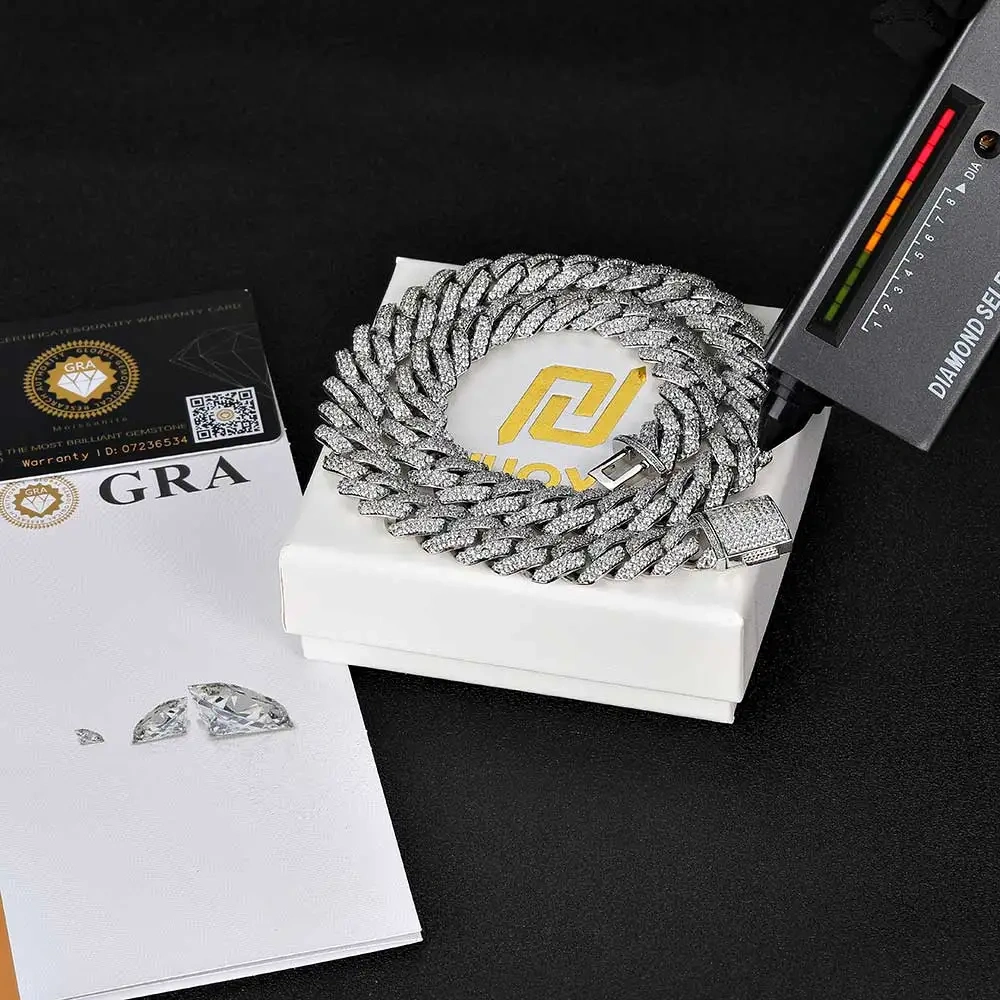 15MM Hip Hop Jewelry Iced Out 925 Sterling Silver Necklace Setting VVS Moissanite Diamond Miami Cuban Link Chain Box Buckle