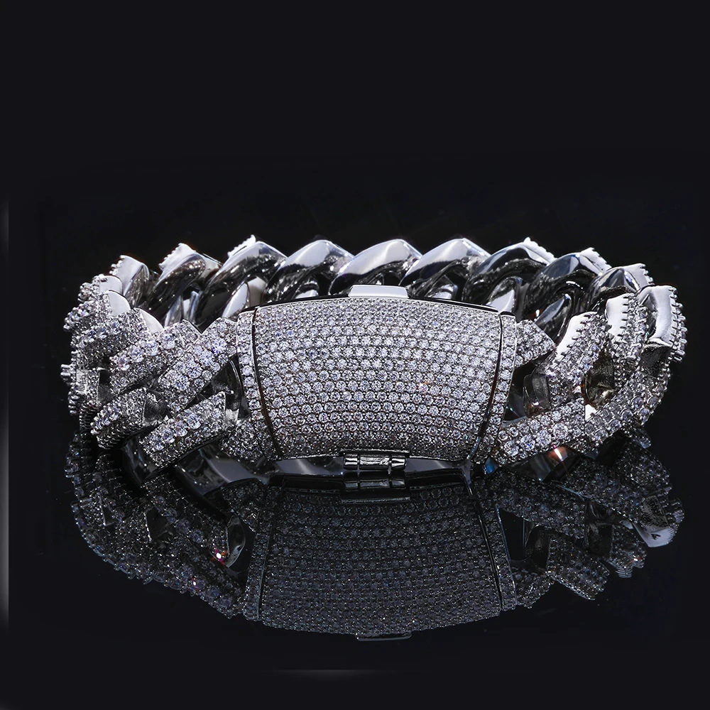 ESKEEM 18mm Shiny 3 Row Diamond White Gold Cuban Bracelet for Men Full Prong Iced Out Cuban Link Chain Hip Hop Jewelry
