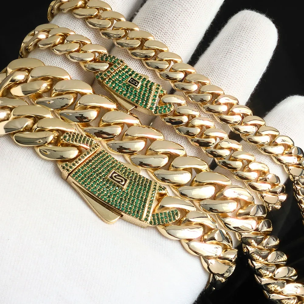 ESKEEM 14K Gold Plated 12/15MM Monaco Bracelet Hip Hop Jewelry Iced Green Cubic Zirconia Clasp Miami Cuban Bracelet Men Gift