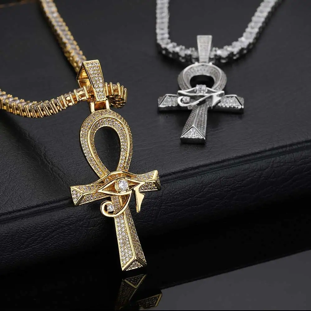 Ancient Egyptian Amulet Anka Cross Bling CZ Stone 18k Gold Color Plated Eye Of Horus Pendant Necklace For Men