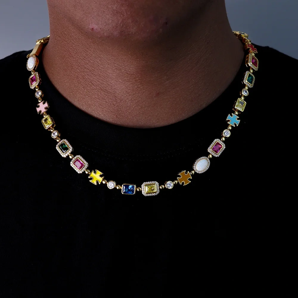 ESKEEM 10mm Fine Multi Color Enamel Bling Cz Diamond Chain Geometric Gemstone Motif Iced Out Cross Necklace for Men Women