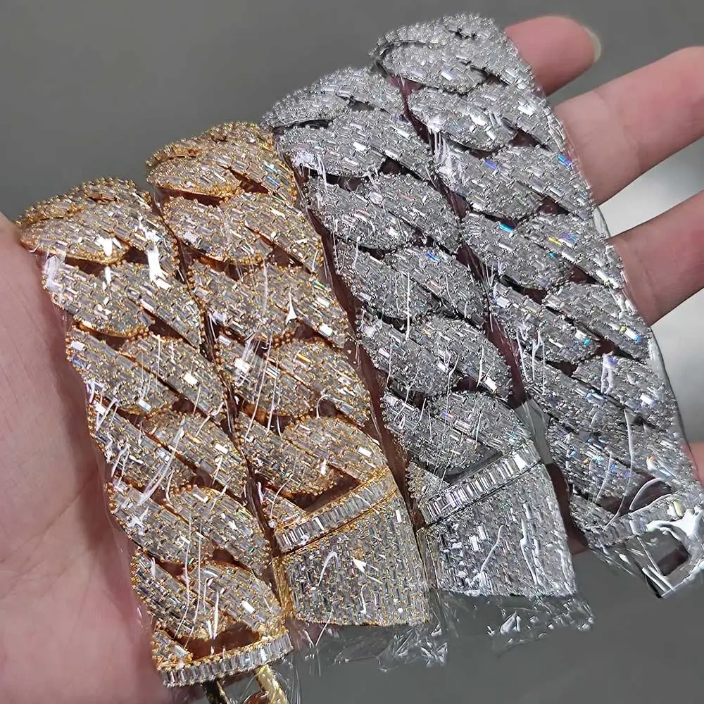 Heavy 24mm Big Size 4 Rows Rectangle CZ Cuban Link Chain White Gold Plated Hiphop Men Miami Iced Out Cuban Link Necklace 18-26“