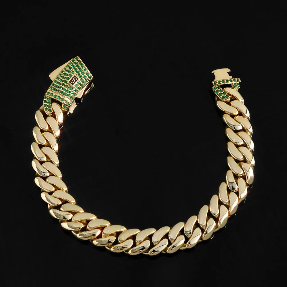 ESKEEM 14K Gold Plated 12/15MM Monaco Bracelet Hip Hop Jewelry Iced Green Cubic Zirconia Clasp Miami Cuban Bracelet Men Gift