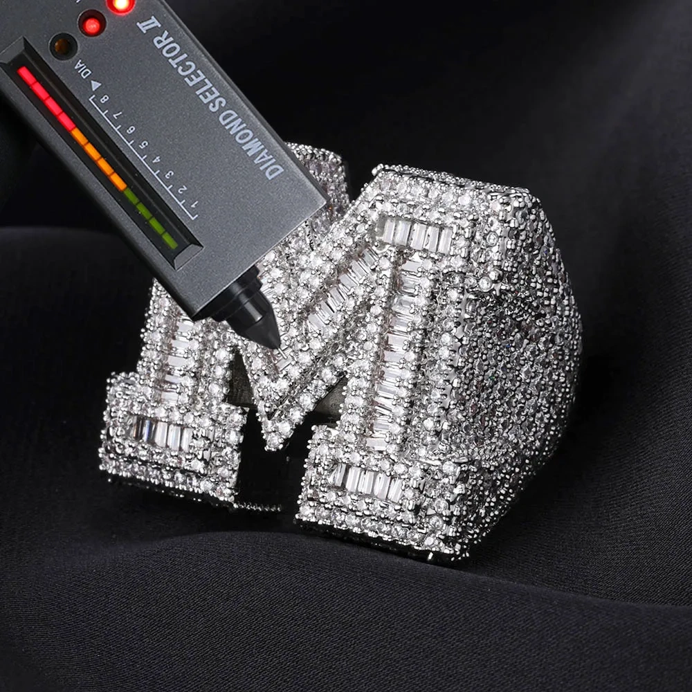 Top Quality 925Silver VVS Letter M Ring Full Diamond Pave Hip Hop Luxury Sterling Silver Vvs Moissanite Rings for Him/Her