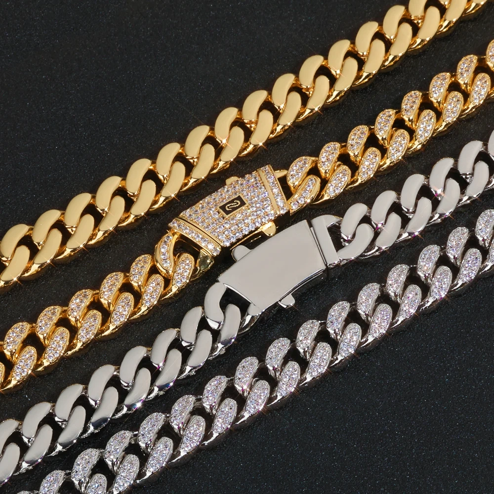 ESKEEM 12mm Full Iced Diamond Monaco Bracelet 18K Gold Plated Miami Two Rows Cubic Zirconia Cuban Link Chain Hip Hop Jewelry Men