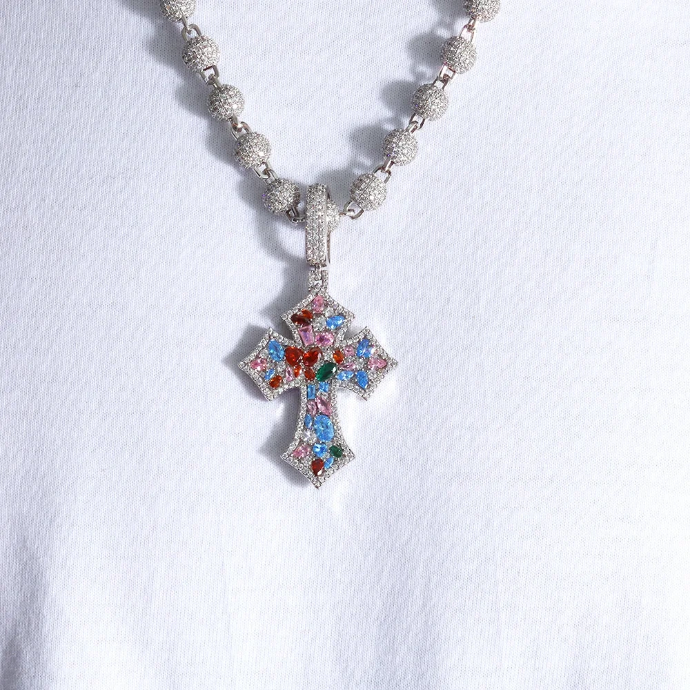 ESKEEM Colorful Cubic Zirconia Iced Out Cross Pendant with Bead Chain High Quality Full Diamond Pendant Hip Hop Fine Jewelry