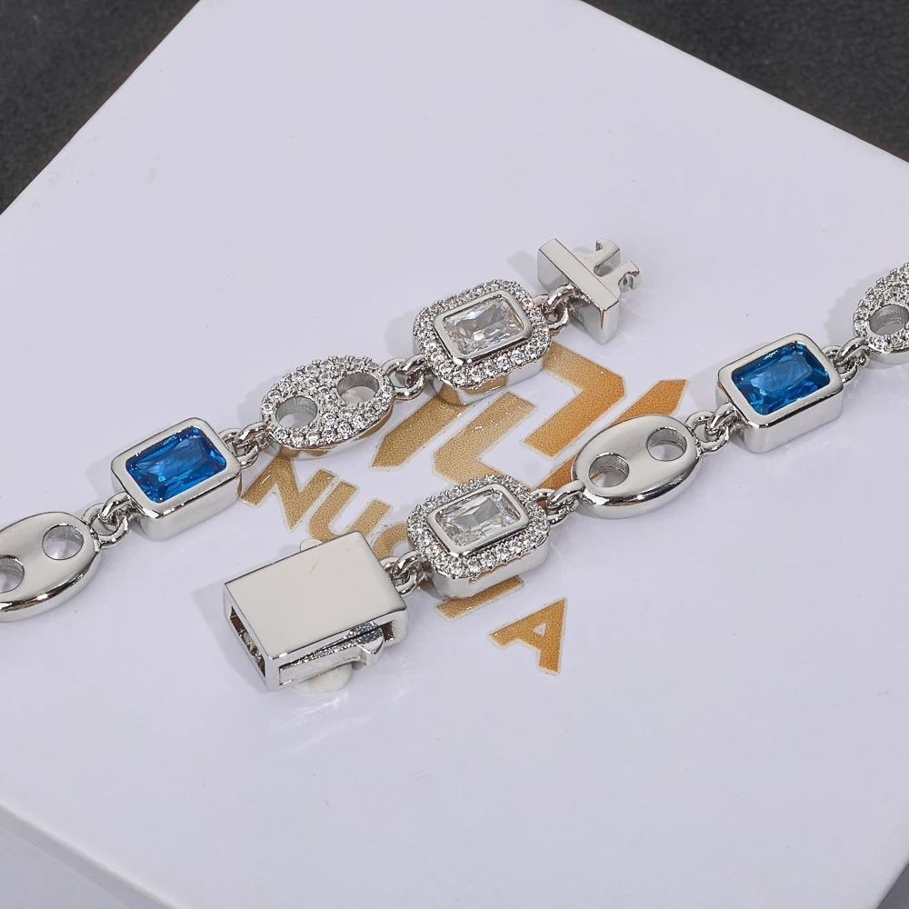 ESKEEM 10MM Gemstone Iced Out Pig Nose Bracelet New Blue Cubic Zirconia Cuban Link Bracelet Hip Hop Jewelry