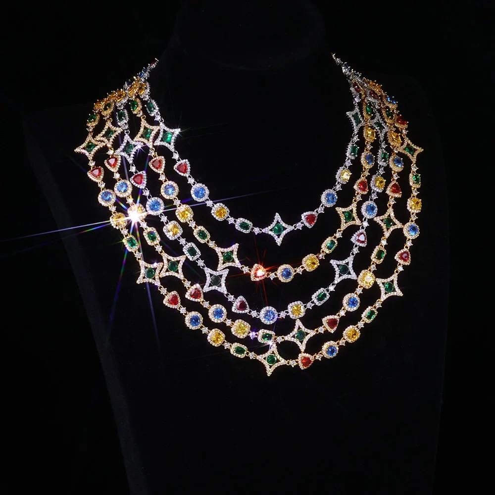 High Quality Hip Hop Jewelry Fashionable Star Iced Out Necklace Multicolor Zircon 10mm Brass Chain Necklace for Women Gift ﻿