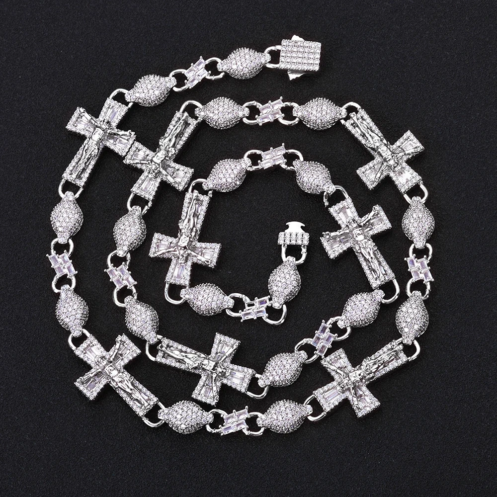ESKEEM Mens Party Hip Hop Jewelry Gold Silver Plated Baguette Zircon Iced Out Lab Diamond Cross Infinity Cuban Link Necklace