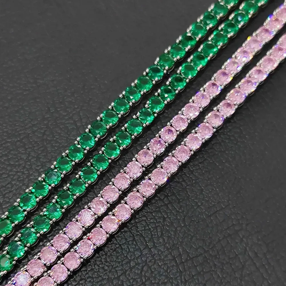 Hip Hop Bling Iced Out Tennis Chain Mens Women 4mm 1 Rows Custom Green Pink Jewelry Cubic  Zirconia Tennis Chain Necklace