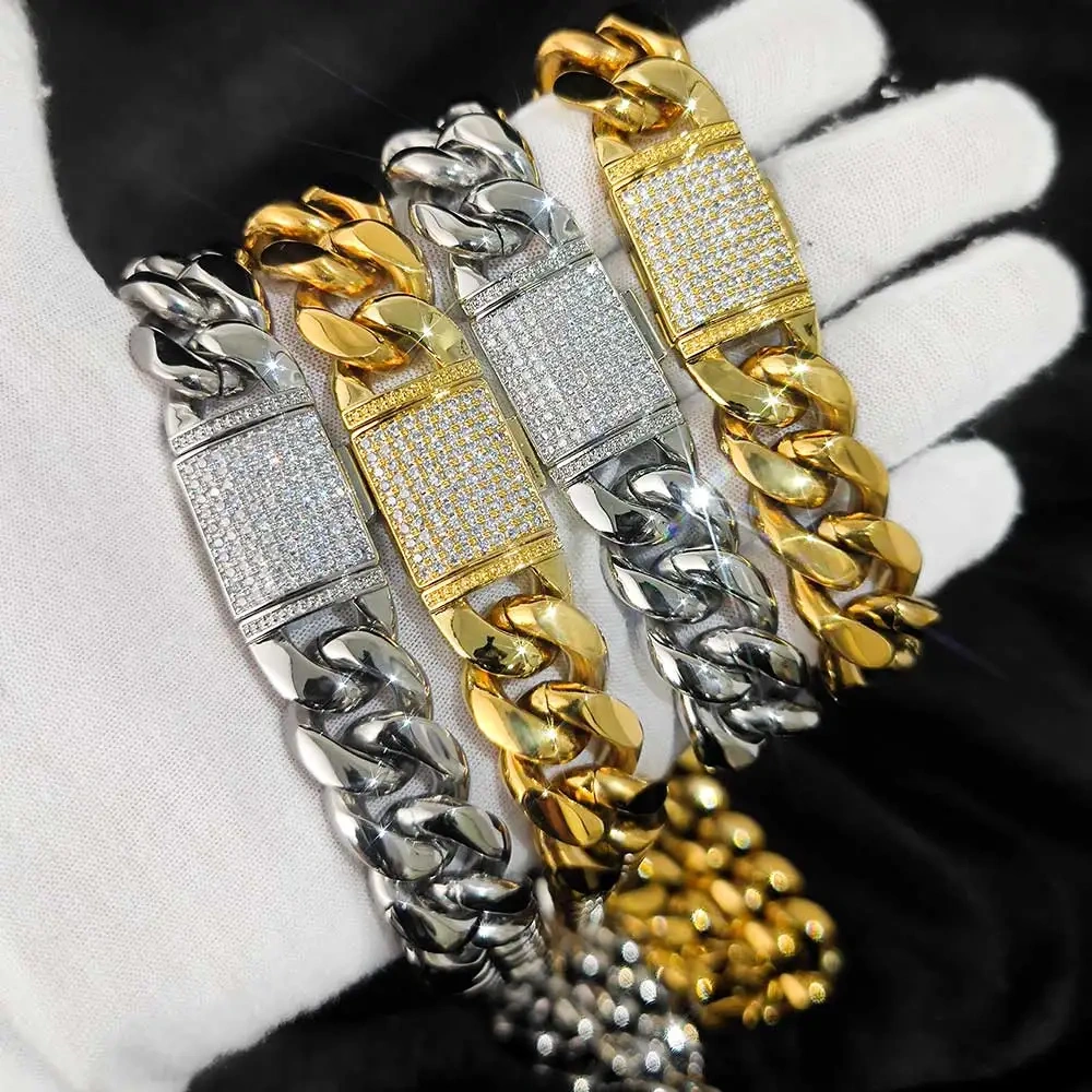18Mm 5A CZ Iced Out Lock Miami Stainless Steel Thick Heavy PVD Plated Cuban Link Chain Punk For Men Hip Hop Jewelry