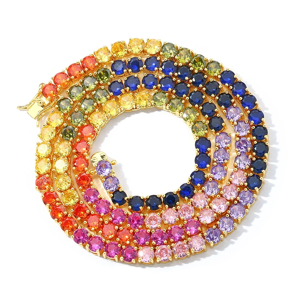 New 5mm Iced Out Bling Rainbow Colorful Cubic Zirconia CZ Tennis Chain Women Men Charm Choker Necklace Jewelry Gift
