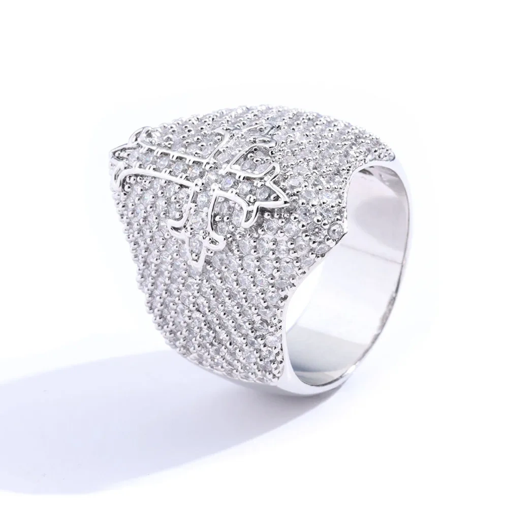 Hip Hop Jewelry Fashion Style Cross Cuban Ring for Men Bling Iced Out Round&T-shaped Diamond Cross Ring Party Gift