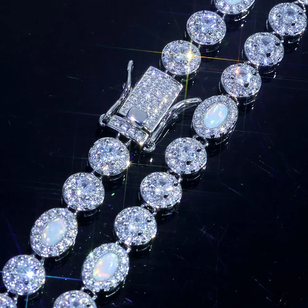 Hip Hop White CZ Flame Opal Tennis Chain Jewelry Round Cubic Zircon Oval Opal Diamond Iced Out Cluster Tennis Necklace for Women