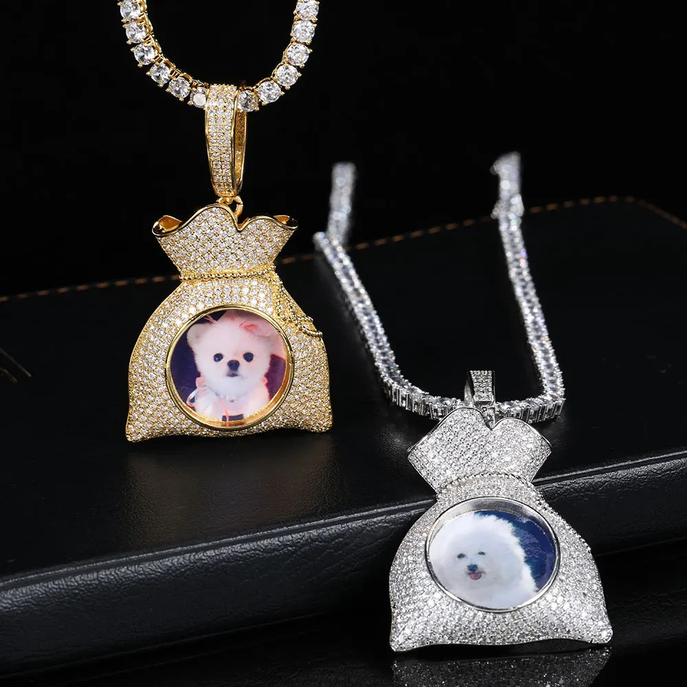 Custom Iced Out Bling Memory Photo Jewelry Money Bag Personalized Medallions Picture Necklace Hip Hop Pendant