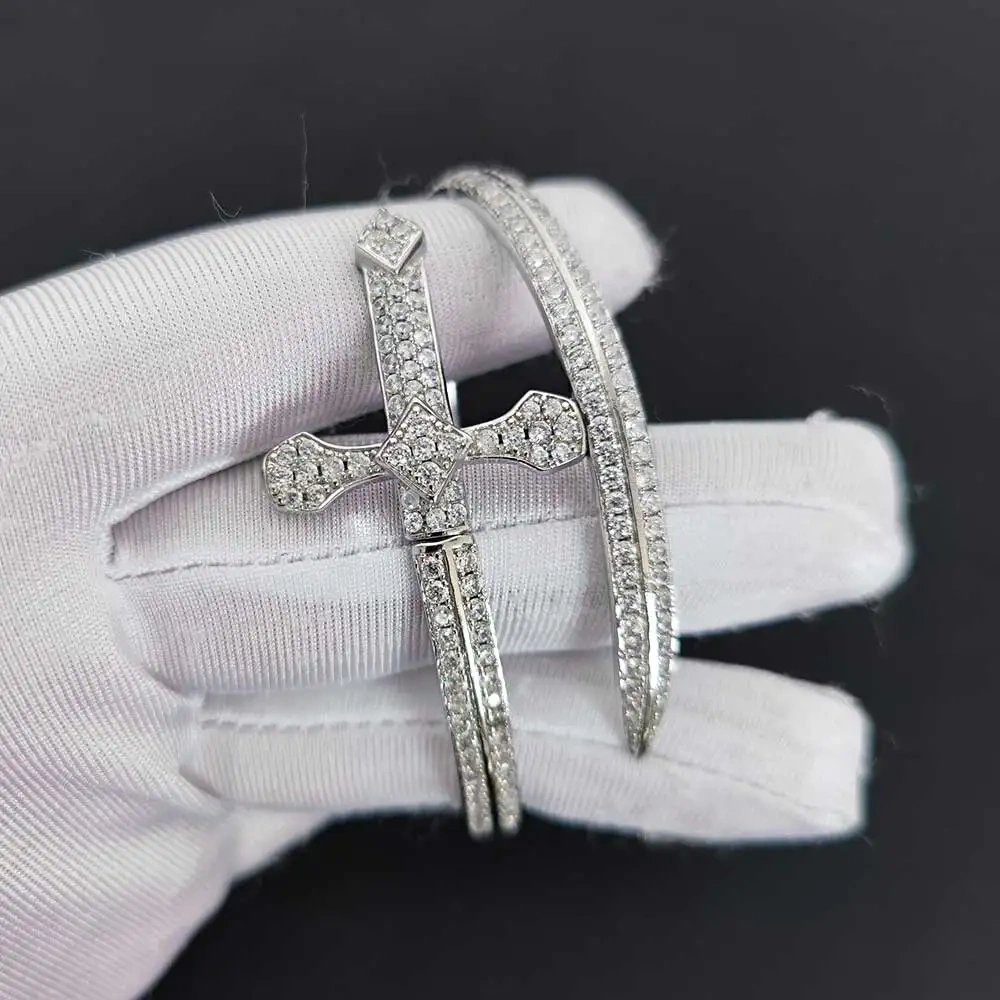 New Design Full Iced Sword Shape Bracelet Bling Brass Zircon 18K Gold Plated Bangle Fashion Women Man Jewelry