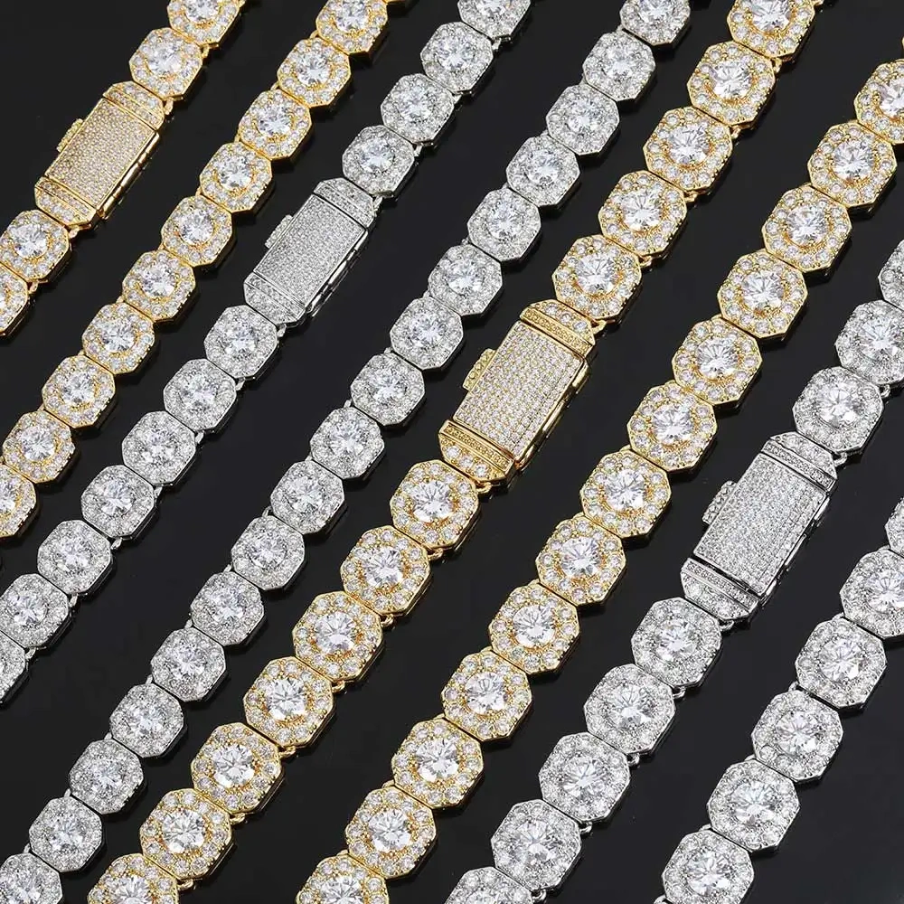 Moissanite Tennis Chain 925 Sterling Silver Hip Hop Jewelry 10/12MM Bling Ice Out VVS Moissanite Clustered Tennis Chain Necklace