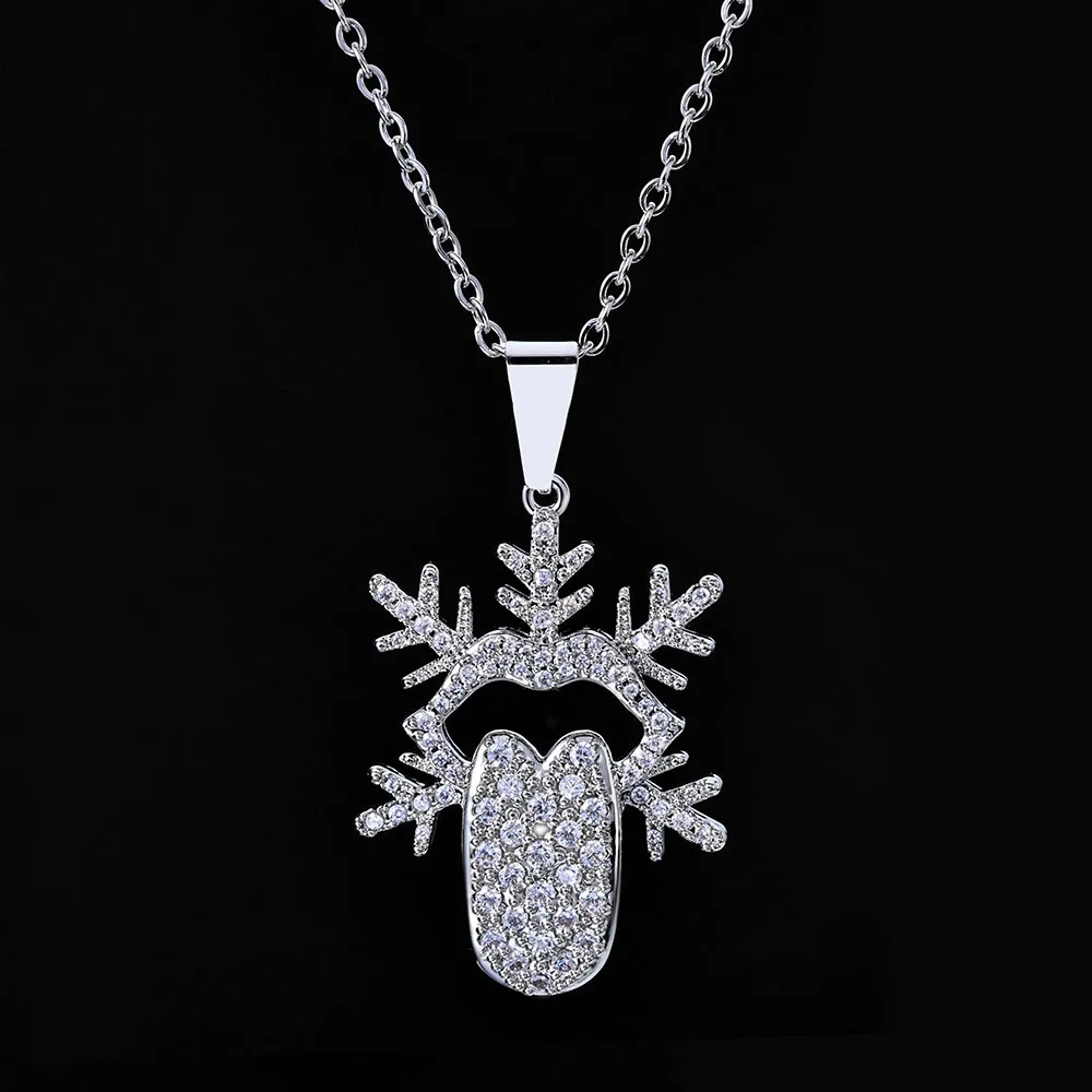 ESKEEM Fashion Iced Out White Gold Plated Diamond Tongue Shape Snowflake Pendant Necklace for Men Women Christmas Jewelry Gift