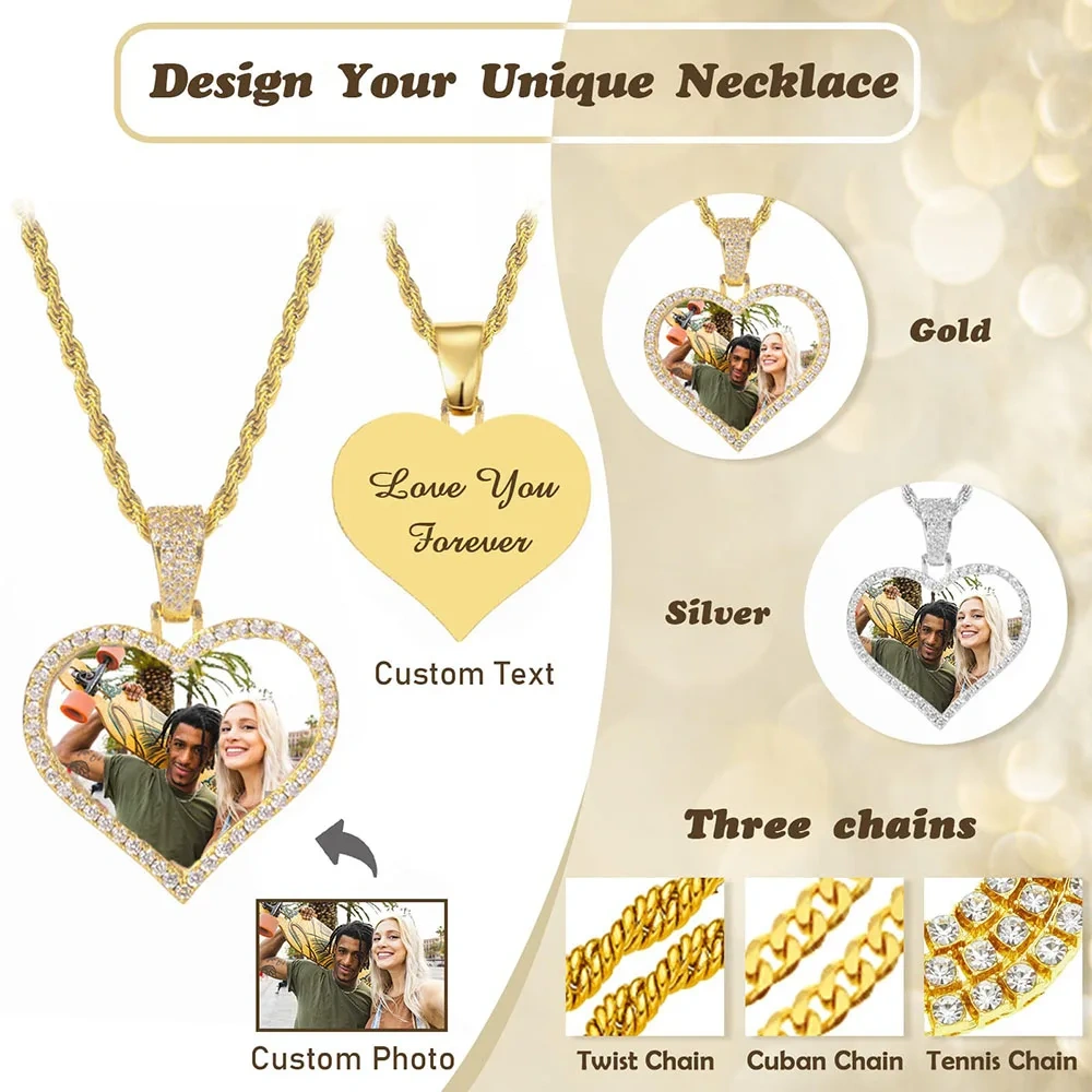 Hip Hop Custom Mini Heart Photo Pendant Unisex DIY Picture Frame Memory Necklace with Zircon for Weddings Parties Gifts
