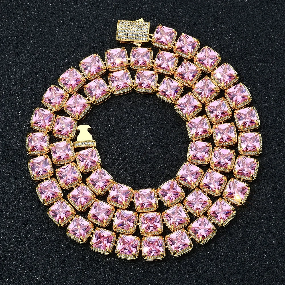 Stunning Pink Princess Cut Cubic Zircon Square Shape Tennis Chain for Women Bride Engagement Wedding Necklace Lady Gift