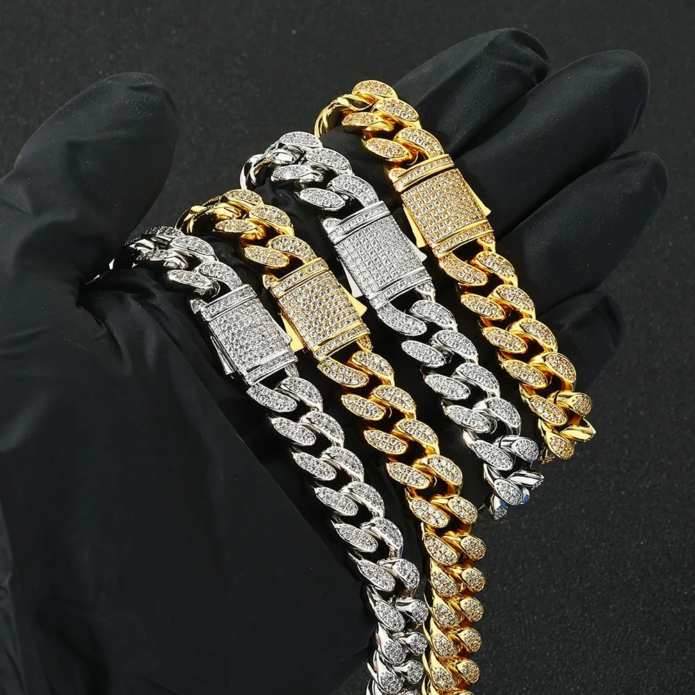 ESKEEM 12mm Iced Cuban Link Chain Bling Brass CZ For Men Women 2 Rows Choker Necklace Plating White Gold Plated Hip Hop Jewelry