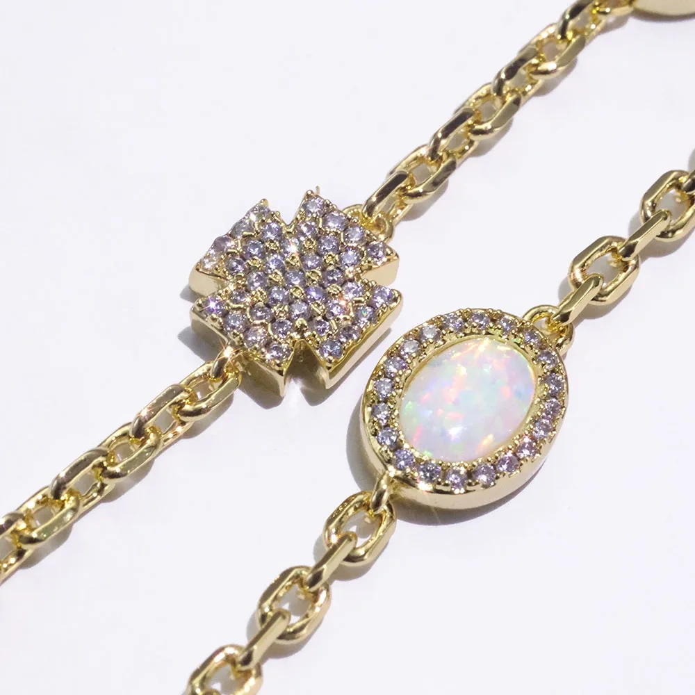 Bling Iced Out Simple Cross Elliptical Opal Necklace Shiny Popular Link Chain Charm Bracelet Hip Hop Jewelry