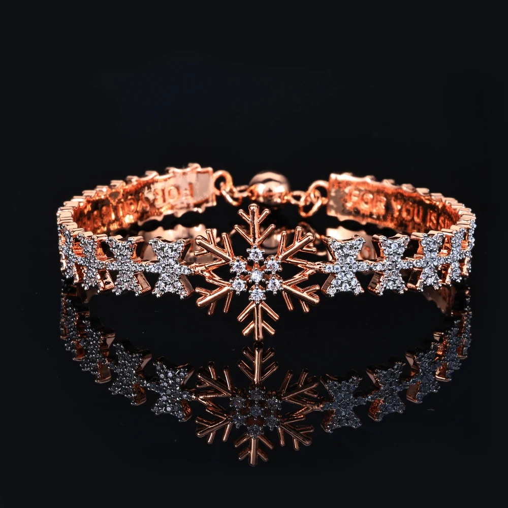 ESKEEM Rose Gold Plated Jewelry Snowflake Bangle Iced Out Cubic Zirconia Bracelets for Women Christmas and New Year Gifts