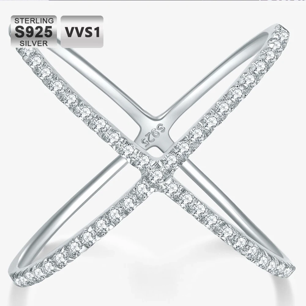 ESKEEM S925 Sterling Silver X Crossover Moissanite Ring Elegant Pave Setting 18K White Gold Plated Fashion Jewelry