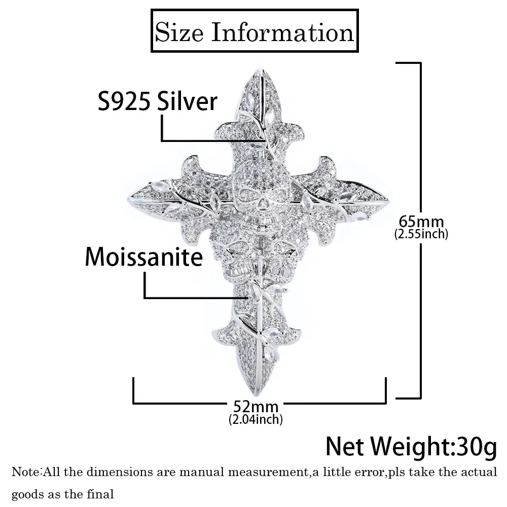 Iced Out Jewelry Hip Hop Style Solid 2.5" Tall Custom 925 Sterling Silver Cross VVS Moissanite Diamond Pendant
