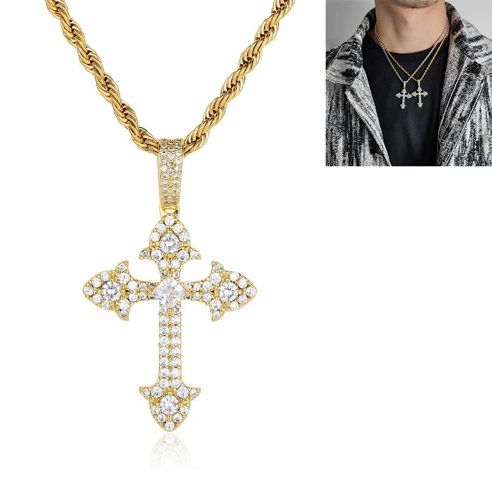 Hip Hop Jewelry Charm Women Cross Christian Jesus Bling Iced Out Copper Zircon Color Pendant Necklace