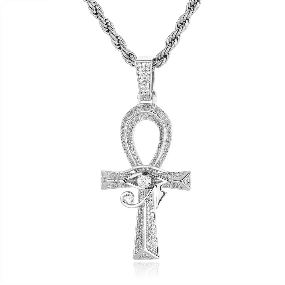 Ancient Egyptian Amulet Anka Cross Bling CZ Stone 18k Gold Color Plated Eye Of Horus Pendant Necklace For Men