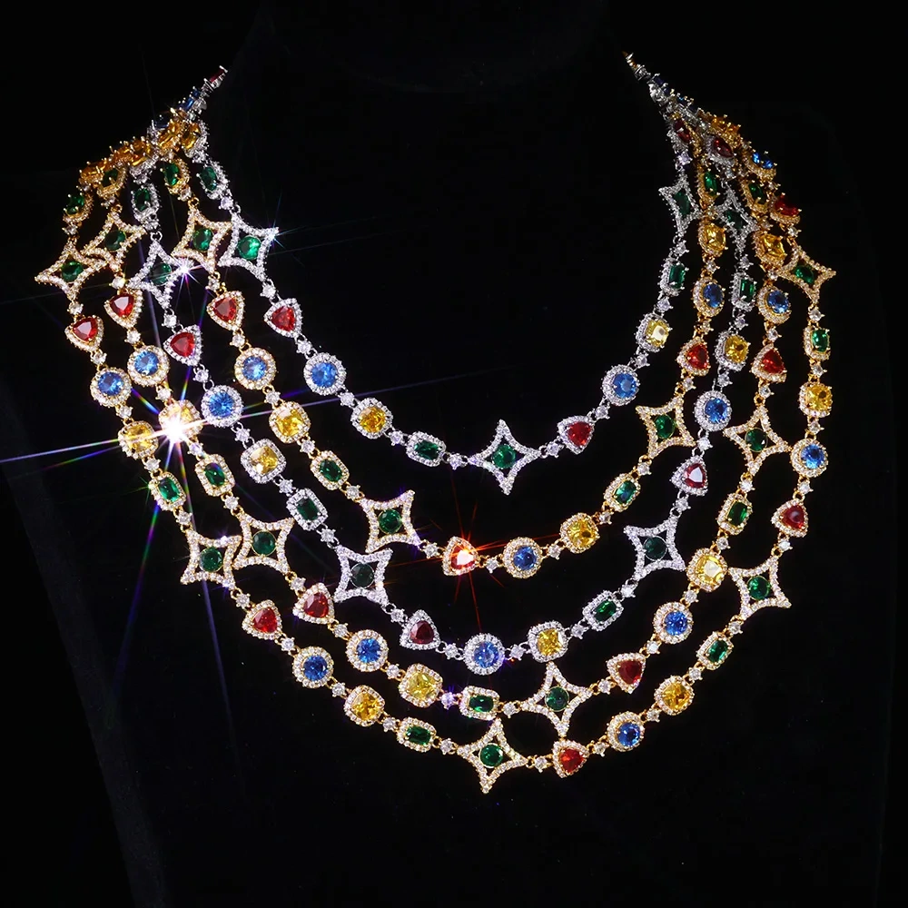 Hip Hop Jewelry Fashion Colored Zircon Iced Out Necklace Women Crystal Gemstone Link Chain Bracelet White Gold Plated