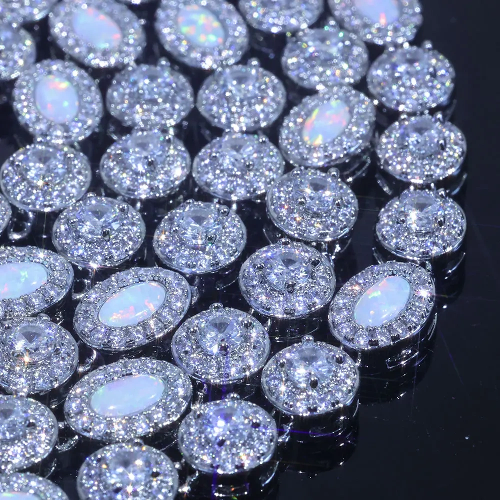 Hip Hop White CZ Flame Opal Tennis Chain Jewelry Round Cubic Zircon Oval Opal Diamond Iced Out Cluster Tennis Necklace for Women