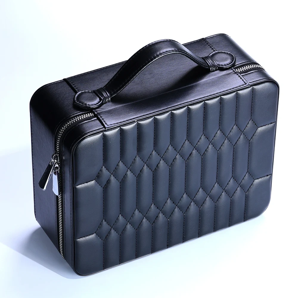 High Quality Box Custom Logo Real Leather Big Jewelry Case With Many Trays Black Leather Suede Lining Jewelry Box Organizer