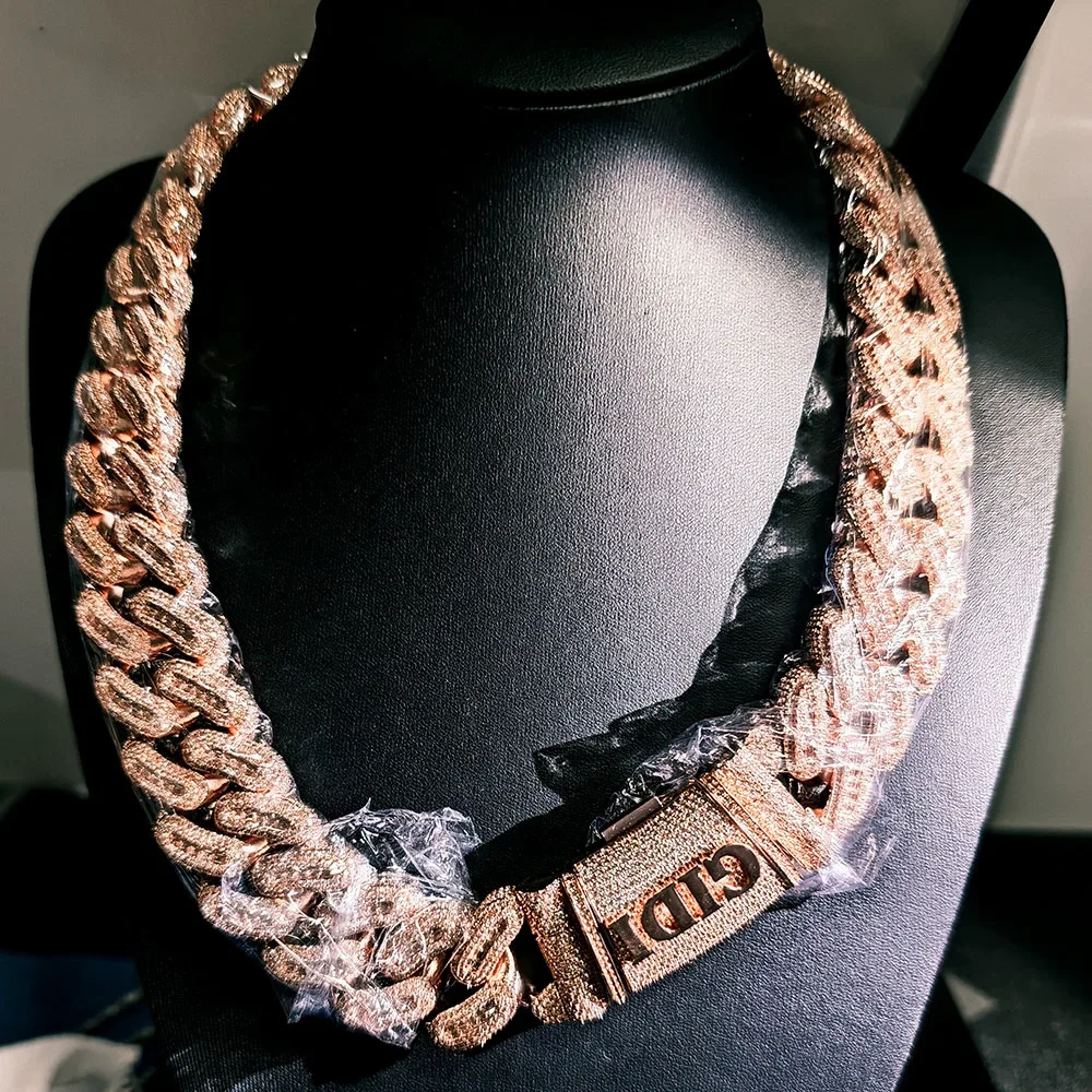 ESKEEM Custom Letter Clasp 15/18/22/25/29mm Prong Cuban Link Chain Hip Hop Jewelry Rose Gold Plated Iced Out CZ Miami Necklace