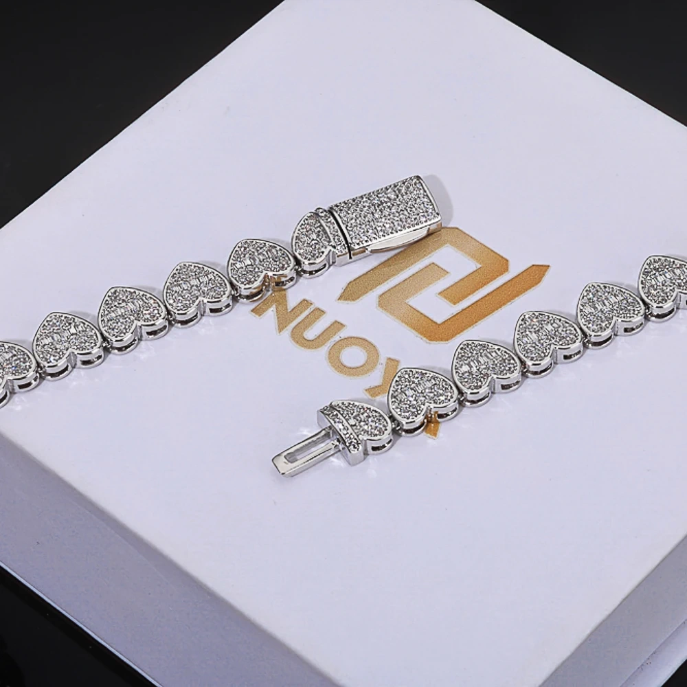 ESKEEM 8mm Iced Out Baguette Heart Tennis Chain Bracelet Silver Plated Zircon Mixed Inlay Hip Hop Women's Fine Jewelry