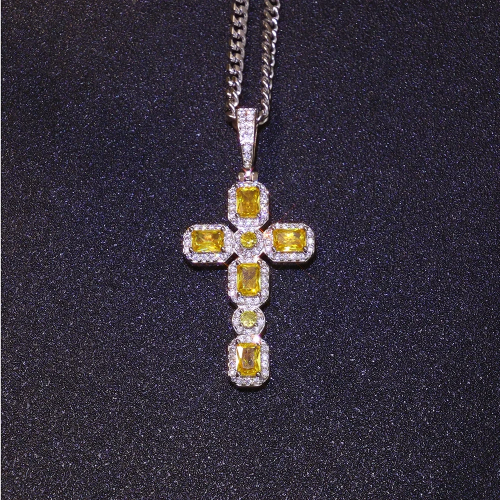 ESKEEM New Arrival Hip Hop Bling Yellow CZ Diamond Cross Pendant Yellow Baguette Gemstone Cross Necklace for Women Men