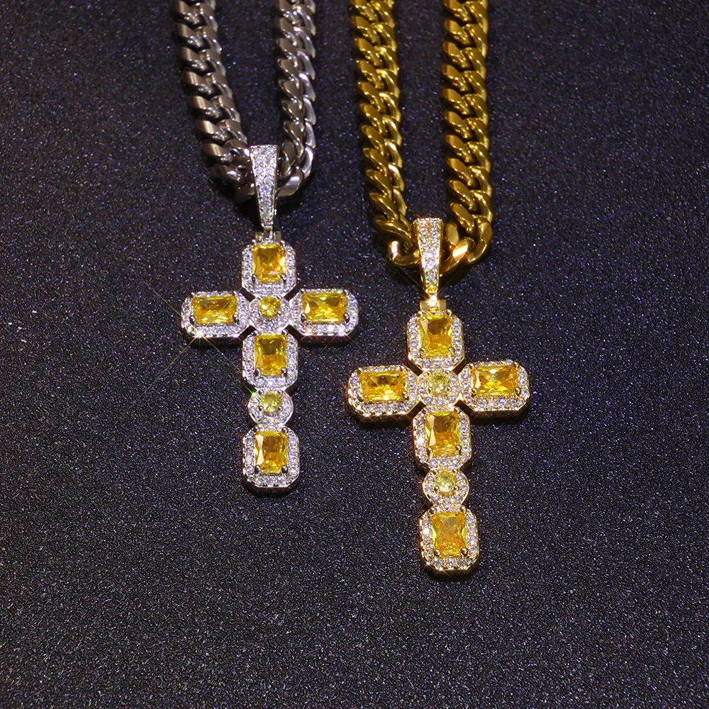 ESKEEM New Arrival Hip Hop Bling Yellow CZ Diamond Cross Pendant Yellow Baguette Gemstone Cross Necklace for Women Men