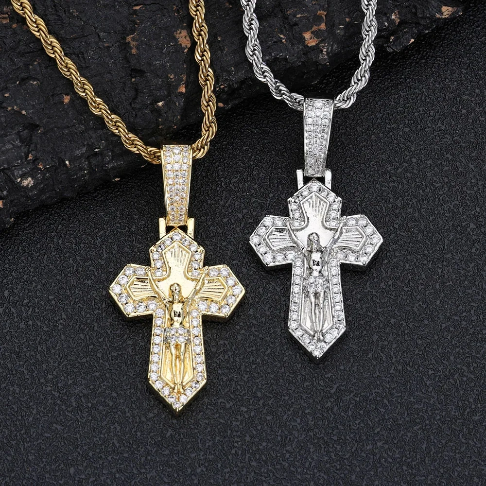 New Arrival Fashion Cross Jesus Christian Charms Pendant Iced Out 5A ZC Cross Pendant Necklace  Hot Selling Jewelry Gift