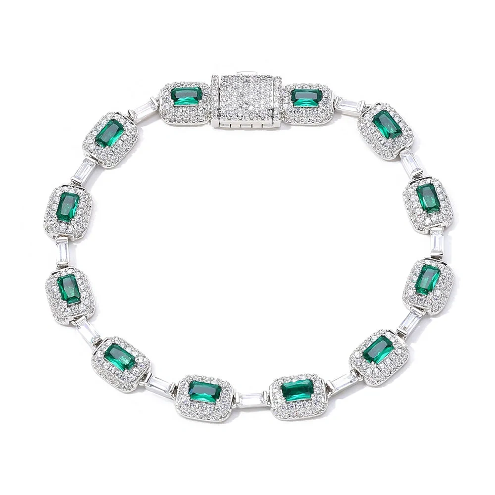 New Style Bling Baguette White VVS Moissanite Link Chain 925 Sterling Silver Green CZ Diamond Chain Necklace for Women Jewelry ﻿
