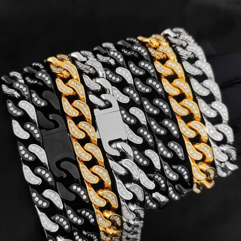 Hip Hop Rock Jewelry Miami Cuban Link Bracelet Stainless Steel CNC Inlaid Bling Ice Out PVD Plated Bracelet For Men