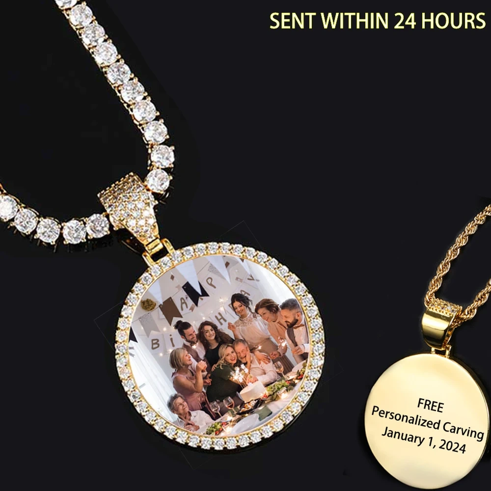 Personalized Photo Medallion Bling Stone Necklace Pendant Custom Memory Picture 35MM Circle Hip Hop Jewelry Pendant