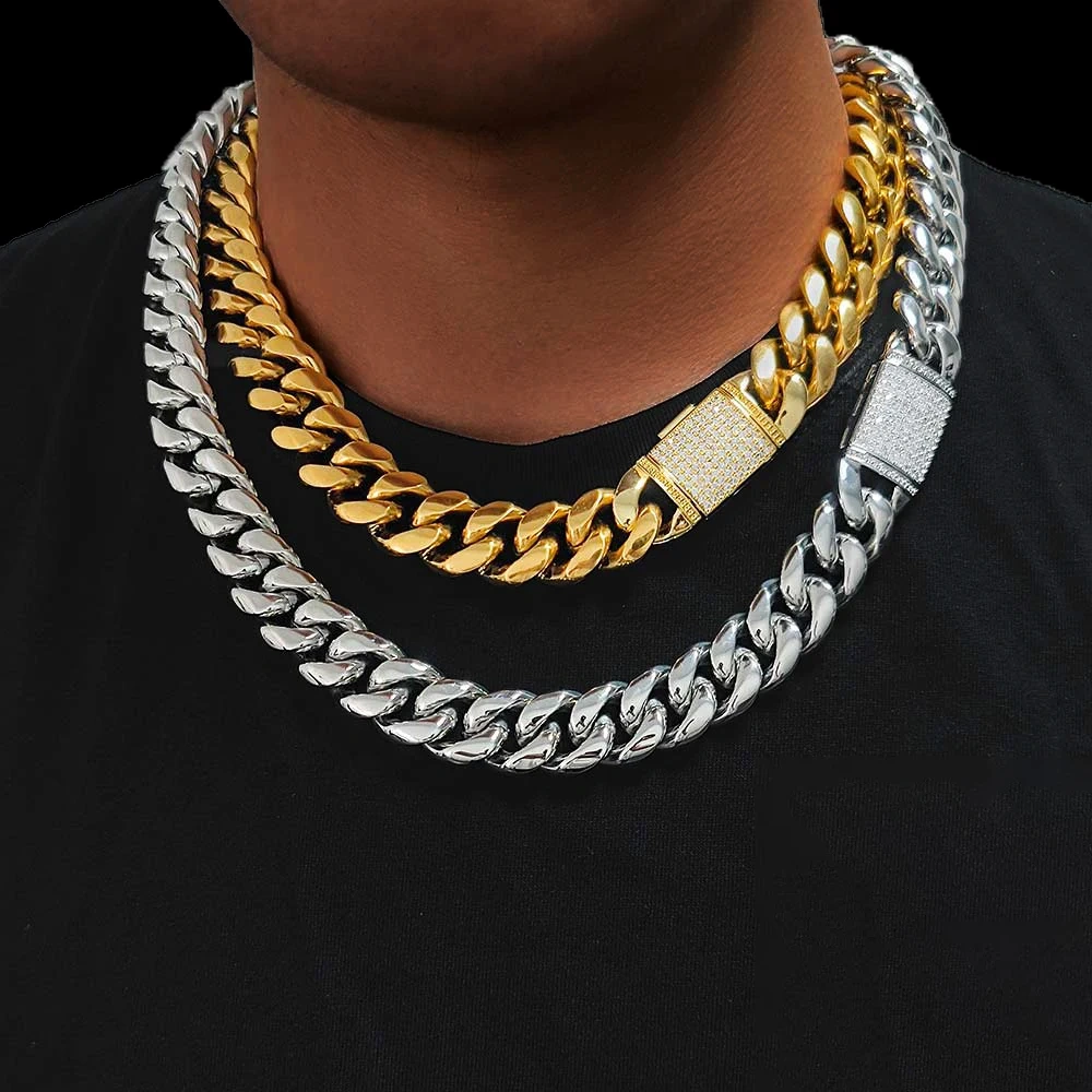 18Mm 5A CZ Iced Out Lock Miami Stainless Steel Thick Heavy PVD Plated Cuban Link Chain Punk For Men Hip Hop Jewelry