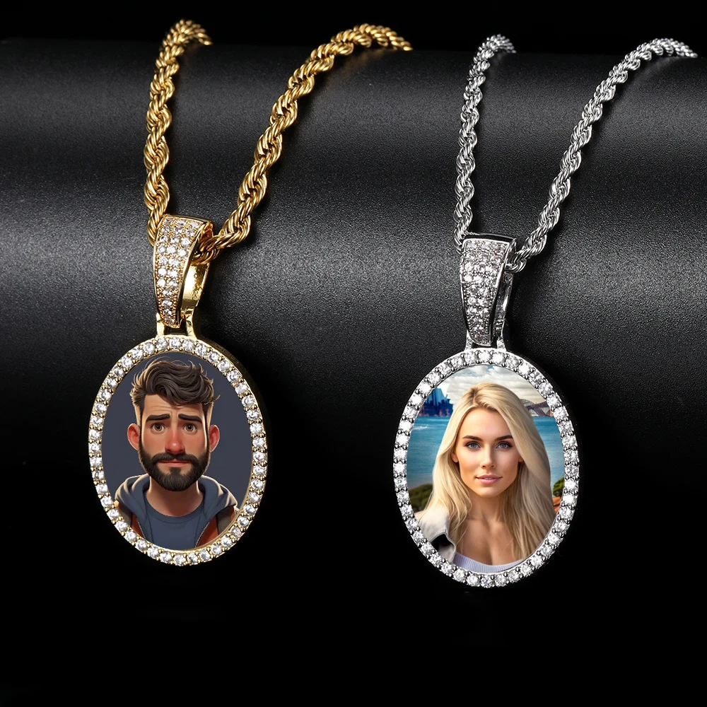 Hip Hop Iced Out DIY Photo Frame CZ Pendant Custom Ellipse Picture Pendant Necklace Personalized Women Men Rapper Jewelry