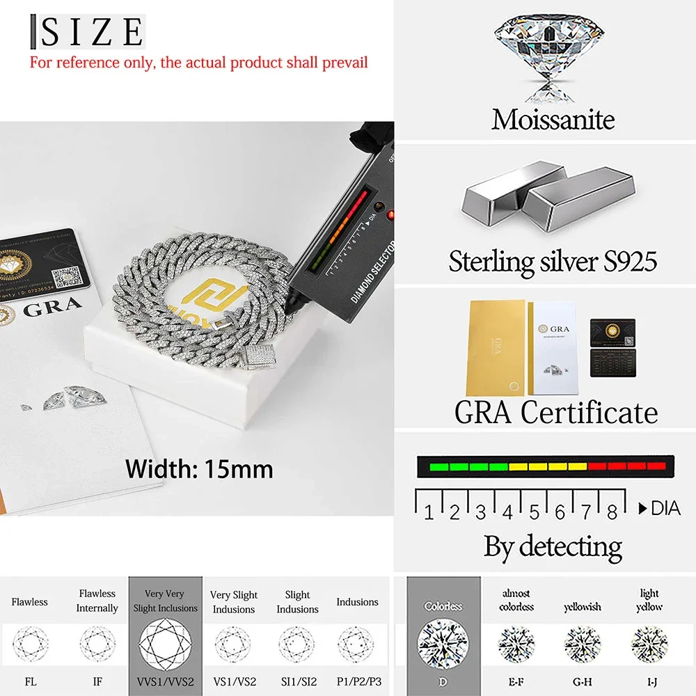 15MM Hip Hop Jewelry Iced Out 925 Sterling Silver Necklace Setting VVS Moissanite Diamond Miami Cuban Link Chain Box Buckle