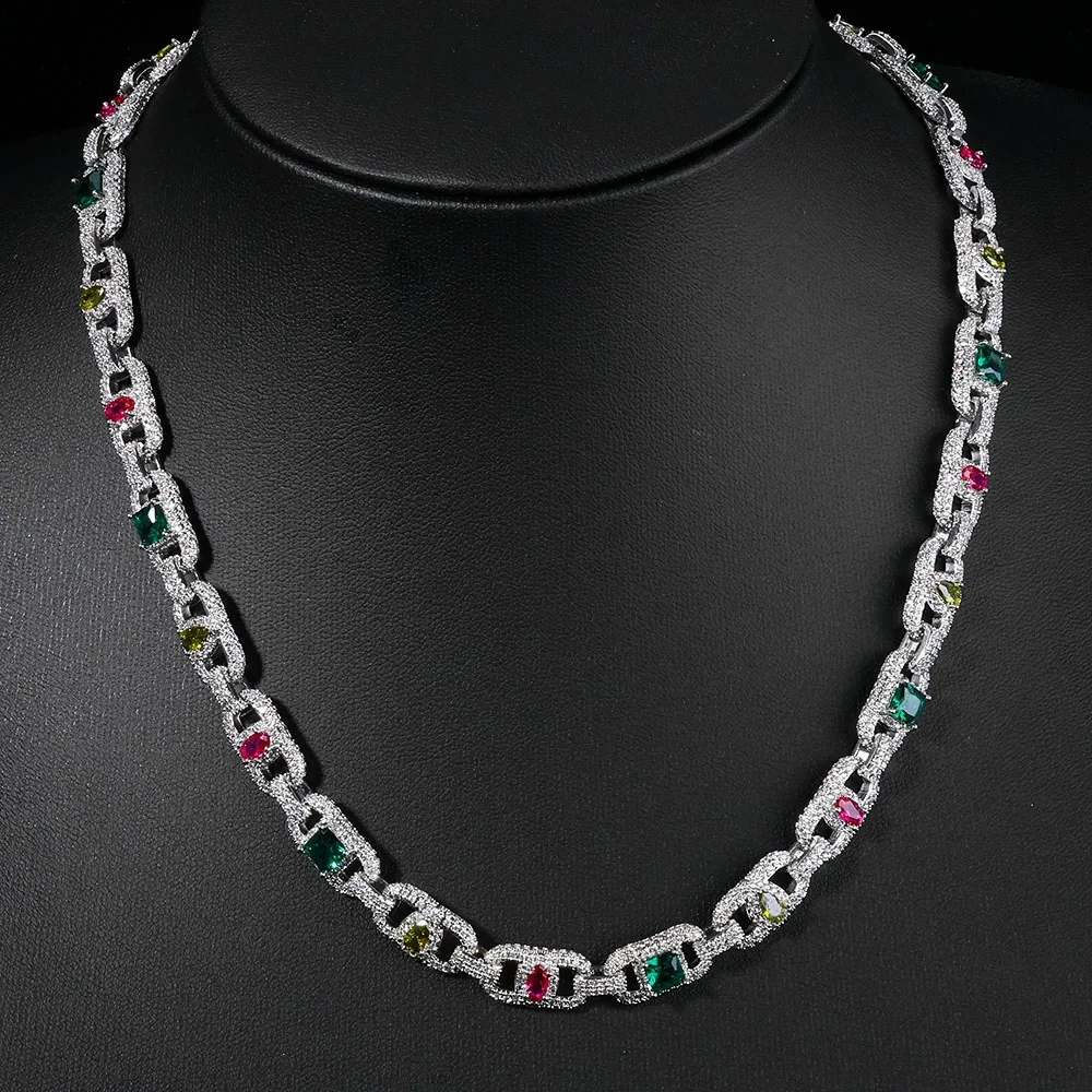 ESKEEM Iced Out Diamond Cuban Link Chain Silver Plated Mixed Inlaid Colorful Zircon Charm Hip Hop Necklace