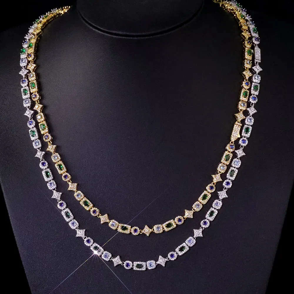6MM Colorful Rectangle Tennis Chain Necklace 18k Gold Plated Brass Green/Blue Iced Out Choker Women Gift