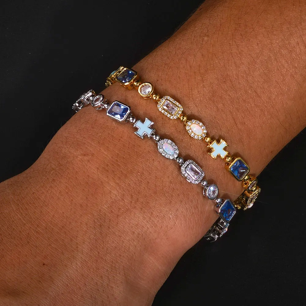 ESKEEM Geometric Oil Drip Blue Cross Bracelet 6mm Iced Out Blue CZ Gemstone Motif Chain Hip Hop Jewelry
